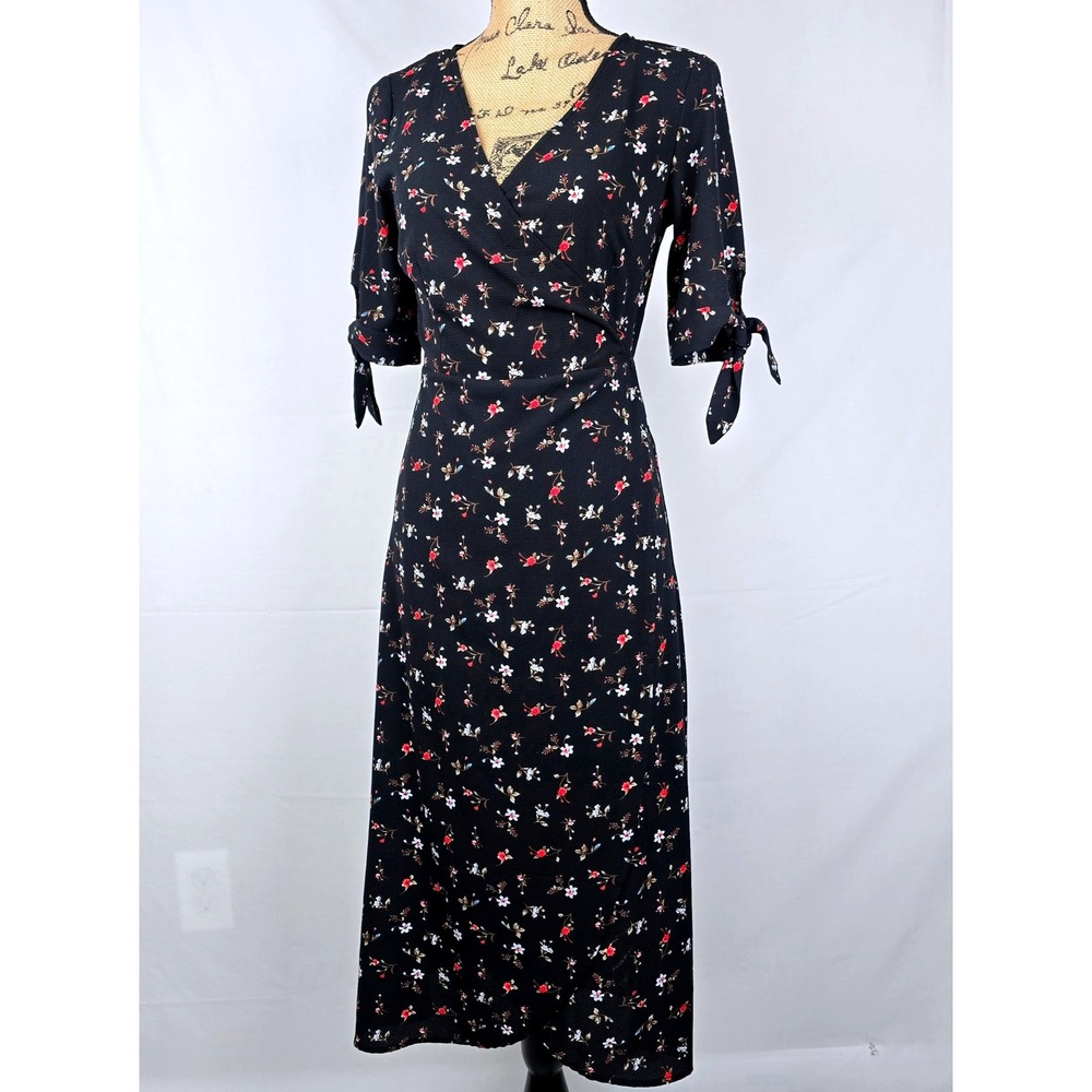 Ally Fashion Black Floral Wrap Midi Summer Dress Short‎ Sleeve Tie Cuff  US 4